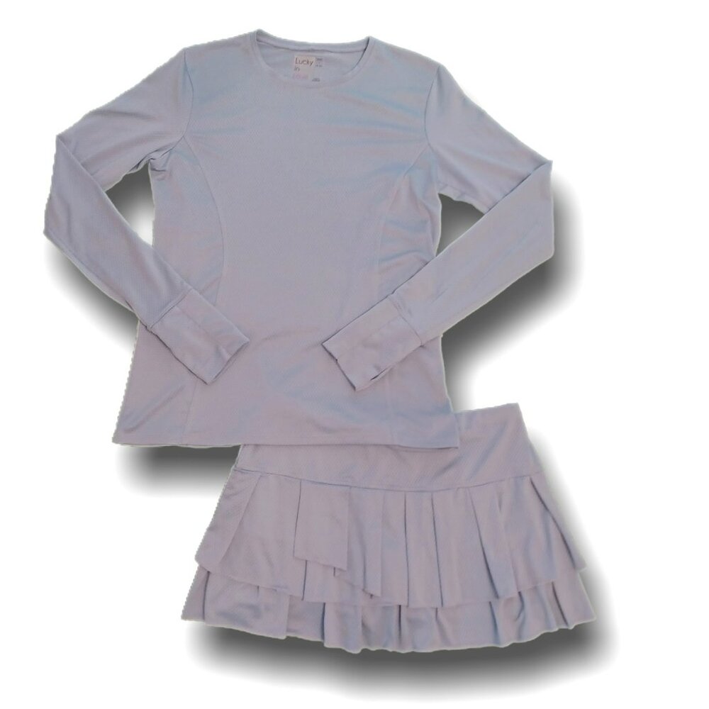 LUCKY IN LOVE tennis set CLASSIC blue-gray long sleeve top & skirt  SIZE Small